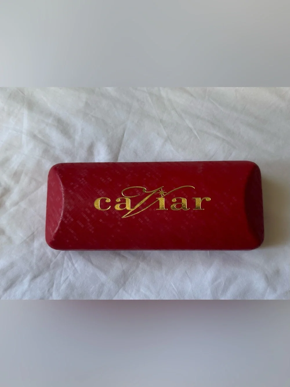 Caviar Eyeglasses Case Clamshell Hard Red Felt Lined Gold Logo 6.25